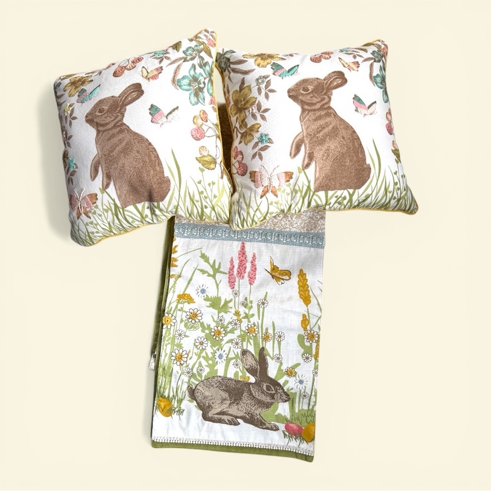 Pier 1 Cream 2 Pillows and 1 Runner Brown Bunny and Multicolor Floral Accents